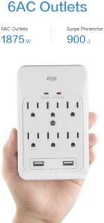 KMC 6-Outlet Surge Tap, 2 USB Ports (3.4A), 980 Joules Surge Protector, White (2 Pack) - Image 4