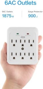 KMC Wall Surge Protector, 980 Joule, 6-Outle Wall Plug Adapter Power Strip, White(2 Pack) - Image 3