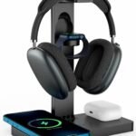 LCGENS Headphone Stand Headset Holder with Wireless Charger, 2 Type USB C Port, 4 in 1 Fast Wireless Charging Station Dock for Apple Watch, AirPods Pro/2, iPhone 13/12/11 Series and All Headphones Size, (A14)
