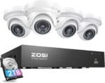 ZOSI 8CH 4K PoE Security Camera System with 2TB Hard Drive,4pcs 3K 5MP Outdoor Indoor PoE IP Dome Cameras,Night Vision,Motion Alert,Remote Access,8 Ports 16CH 8MP NVR Recorder for Home 24/7 Recording