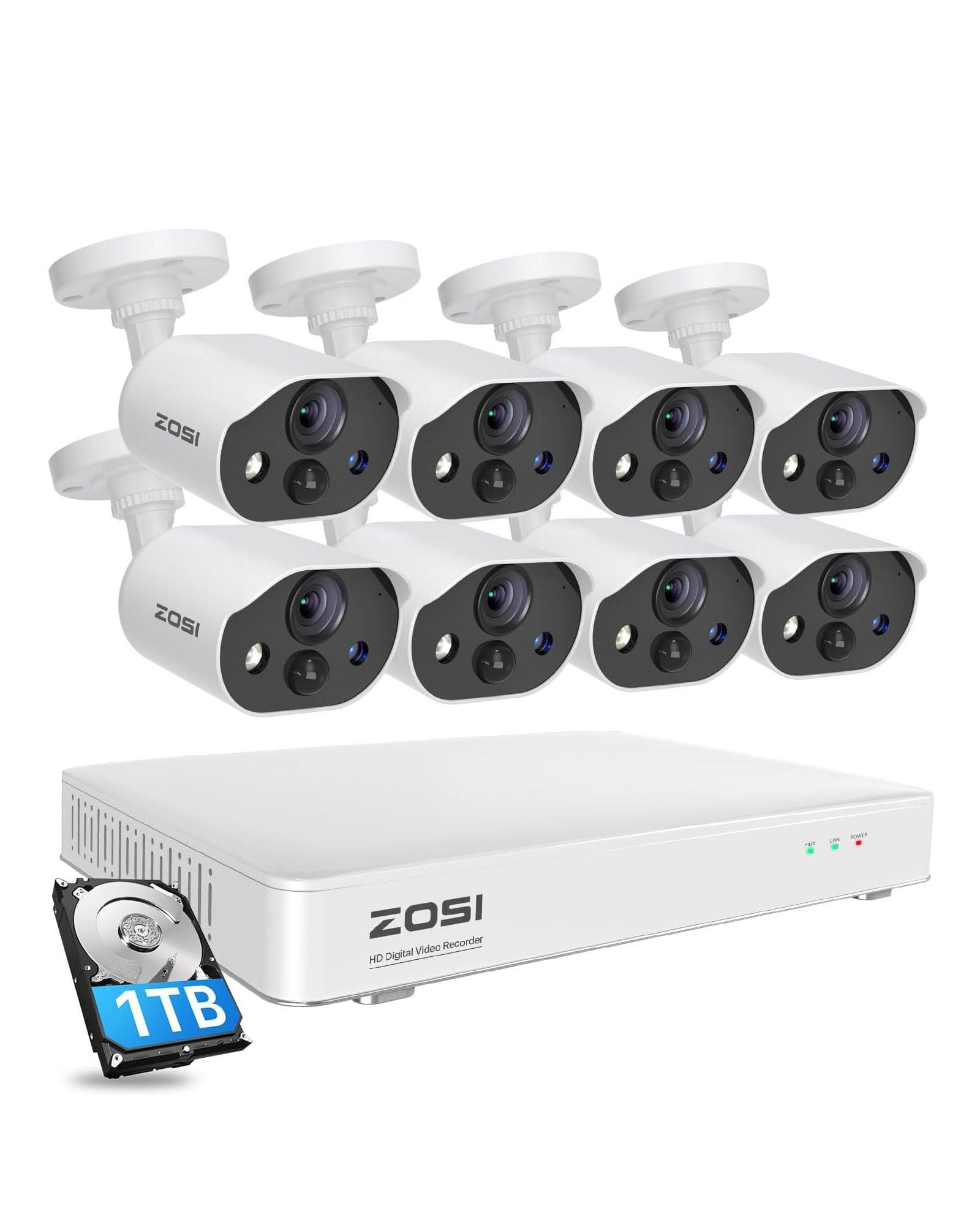 61ubABBKzdL.jpg ZOSI 3K Lite Security Camera System with AI Human Vehicle Detection, 8Pcs 1920TVL 2MP Home CCTV Cameras Indoor Outdoor, Night Vision, One-Way Audio, H.265+ 8CH DVR with 1TB HDD for 24/7 Recording - Image 1