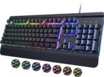 RisoPhy PC419 RGB Gaming Keyboard, 7 Single Color Backlits, 104 Keys Metal Panel, Silent Keys, Wrist Rest, Full Size Waterproof Light Up for PC Laptop Mac Gamer