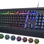 RisoPhy PC419 RGB Gaming Keyboard, 7 Single Color Backlits, 104 Keys Metal Panel, Silent Keys, Wrist Rest, Full Size Waterproof Light Up for PC Laptop Mac Gamer