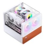 JONSBO V12 White Micro ATX Mid Tower PC Case, Hyperboloid Glass Desktop Design, Separated Cabinet Structure,Walnut Wood,MATX Desktop Computer Chassis, GPU<260mm,ATX PSU,Front 120mm*2(Built-in) White