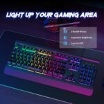 RisoPhy Gaming Keyboard, 104 Keys All-Metal Panel, Rainbow LED Backlit Silent Computer Keyboard, Wrist Rest, Multimedia Keys, Anti-Ghosting, Waterproof Light Up Wired Keyboard for PC Mac Gamer - Image 2