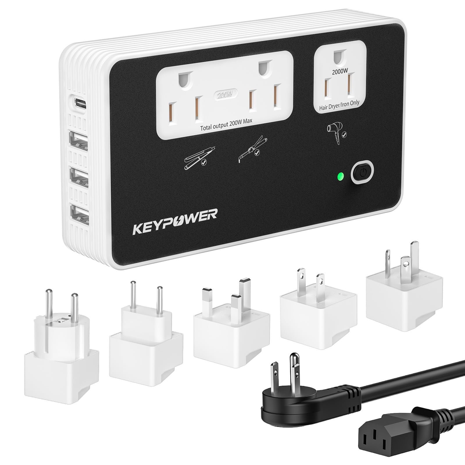 71Q-FpKiAfL.jpg Key Power 2000W Step Down Converter, 220V to 110V Voltage Converter US to Europe, International Universal Travel Adapter with 3 AC Outlets and 4 USB(1 USB C) for Hair Dryer/Straightener. - Image 1
