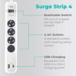 KMC 4-Outlet Surge Protector Power Strip, 1 USB-A & 1 USB-C Port, Power Strip Surge Protector, 840J Surge Protection, 5ft Extension Cord, 3-Prong Low-Profile Flat Plug, UL/ETL Certified, White - Image 2