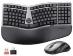 MEETION Ergonomic Keyboard and Mouse Wireless Combo, 2.4G Curved Compact Keyboard with Cushioned Palm Rest, 4 Level DPI Adjustable Wireless Mouse, for Windows/Mac/Desktop/PC/Laptop, Gray Black