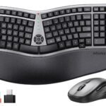 MEETION Ergonomic Keyboard and Mouse Wireless Combo, 2.4G Curved Compact Keyboard with Cushioned Palm Rest, 4 Level DPI Adjustable Wireless Mouse, for Windows/Mac/Desktop/PC/Laptop, Gray Black