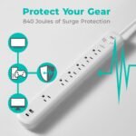 KMC 6-Outlet Surge Protector Power Strip, 1 USB-A & 1 USB-C Port, 840J Power Surge Protectors, 6ft Extension Cord, Flat Plug, White Power Strip Surge Protector, ETL/UL Certified Power Strips, White - Image 5