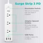 KMC USB-C PD Surge Protector 3-Outlet Power Strip 2-Pack, 30W Power Delivery USB-C Port, 2 USB-A Ports, 980J Surge Protection, 6-Foot Extension Cord, White - Image 3