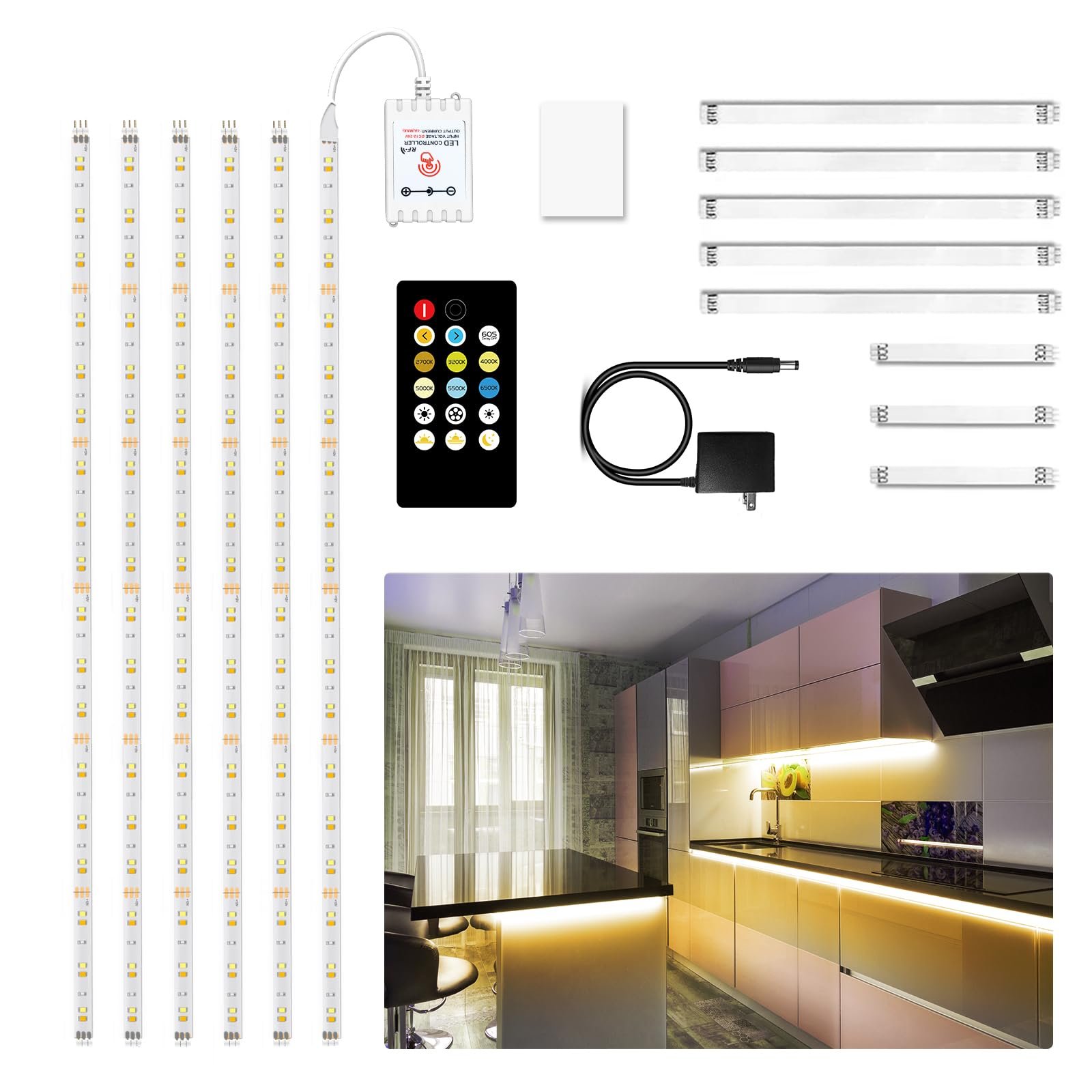 71n8zYUI7uL.jpg DAYBETTER Under Cabinet Lights, 6 PCS Under Cabinet Lighting with Remote, Dimmable LED Strip Lights for Bedroom, LED Lights for Kitchen Cabinet, Counter Shelf 2700K-6500K Warm to Daylight White, 9.8ft - Image 1