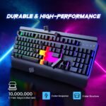 RisoPhy Gaming Keyboard, 104 Keys All-Metal Panel, Rainbow LED Backlit Silent Computer Keyboard, Wrist Rest, Multimedia Keys, Anti-Ghosting, Waterproof Light Up Wired Keyboard for PC Mac Gamer - Image 4