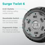 KMC 6-Outlet Surge Twist Cord Reel Retractable Power Strip Surge Protector, 1085J Surge Protection, 8ft 14/3 Retractable Extension Cord, 3-Prong Low-Profile Flat Plug, UL/ETL Certified, Gray - Image 2