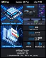 GMKtec Mini PC N150, G3 Plus Intel Twin Lake N150 (3.4GHz), 8GB DDR4 RAM 256GB PCIe M.2 SSD, Desktop Computer 4K Dual HDMI/USB3.2/WiFi 6/BT5.2/2.5G RJ45 - Image 3