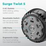 KMC 5-Outlet USB-C PD Surge Twist Retractable Power Strip Cord Reel, 2 USB-A & 1 USB-C Power Delivery, 735J Surge Protector, 8ft Retractable Extension Cord, 3-Prong Flat Plug, UL/ETL Certified, Gray - Image 2