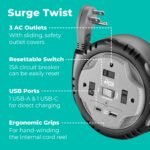 KMC 3-Outlet Surge Twist Cord Reel, USB-C & USB-A Ports, Retractable Power Strip Surge Protector, 735J Surge Protection, 5ft Retractable Extension Cord, 3-Prong Flat Plug, UL/ETL Certified, Gray - Image 2